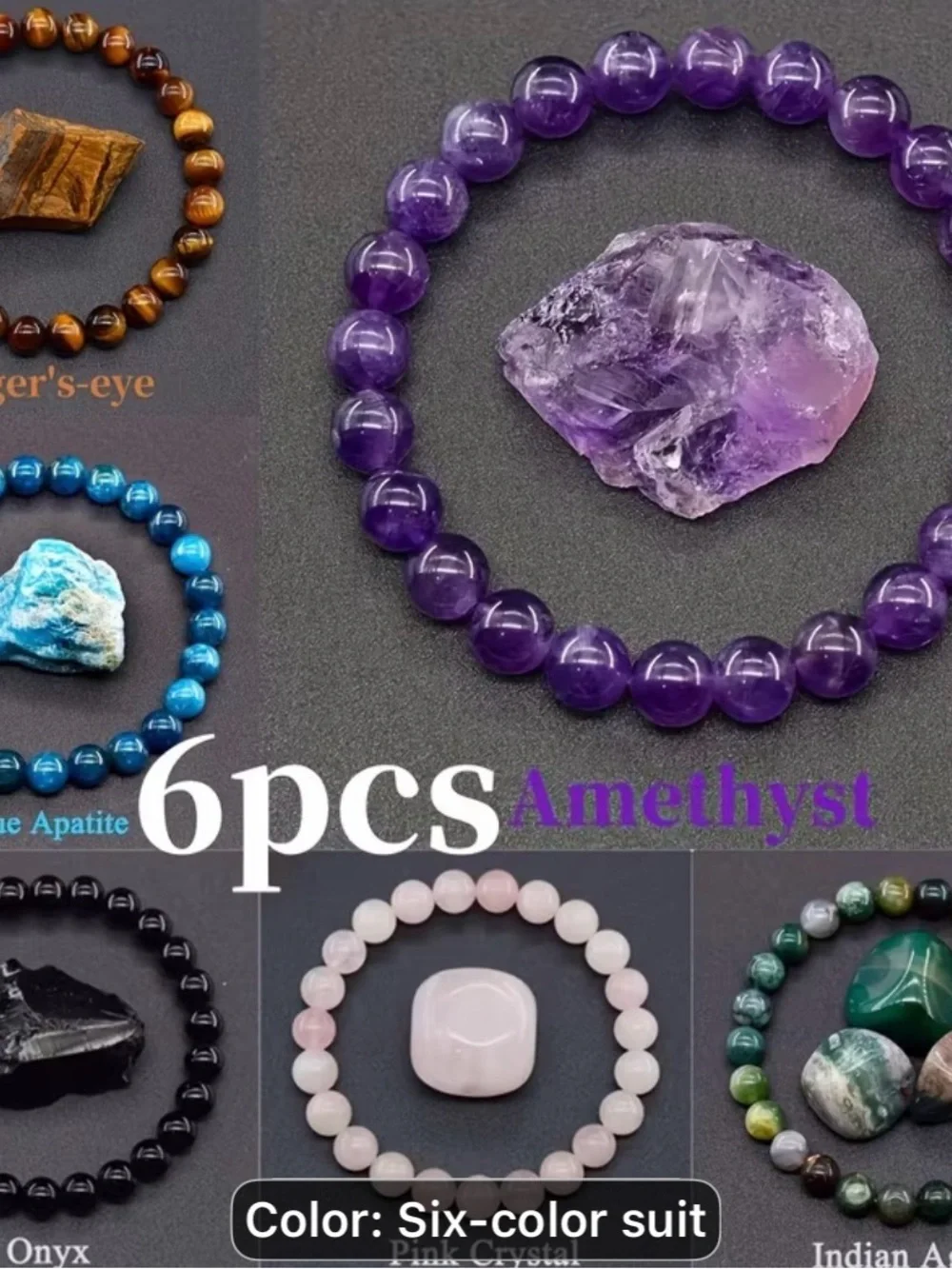 6 natural stone Amethyst Beaded Stretch Bracelet-6 Color Crystal Set